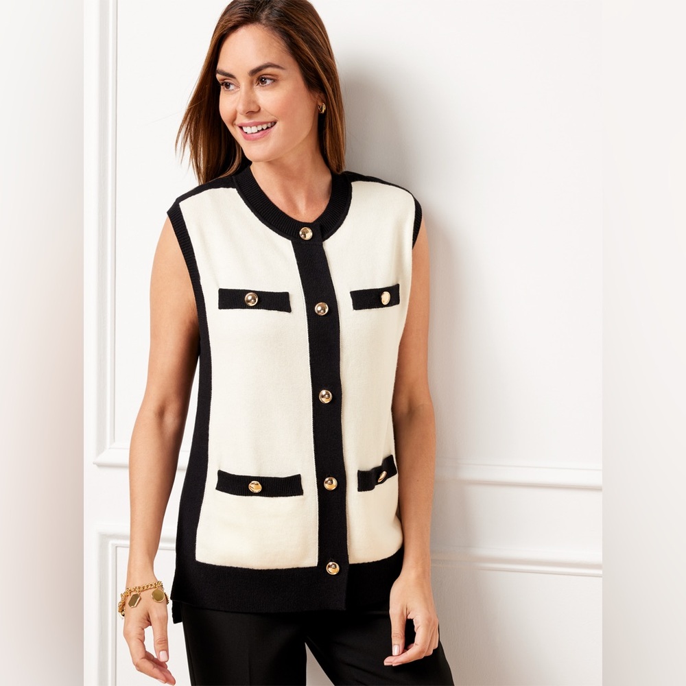 TALBOTS Chic Tabard Sleeveless Cardigan with Gold Accents Small